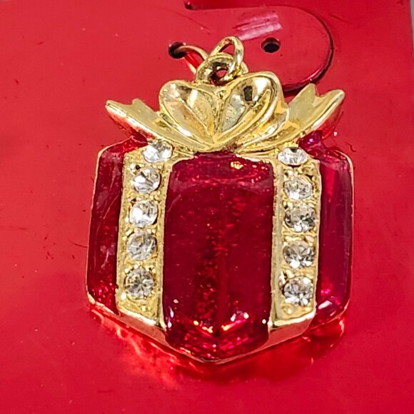 Happy Holidays Christmas Present Box Earrings Rhinestone Wrapped Red Enamel Set - Picture 5 of 8